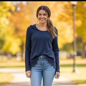 Y2K Navy Hooded Long Sleeve Knit Thermal Pullover with Lace Detail size Medium